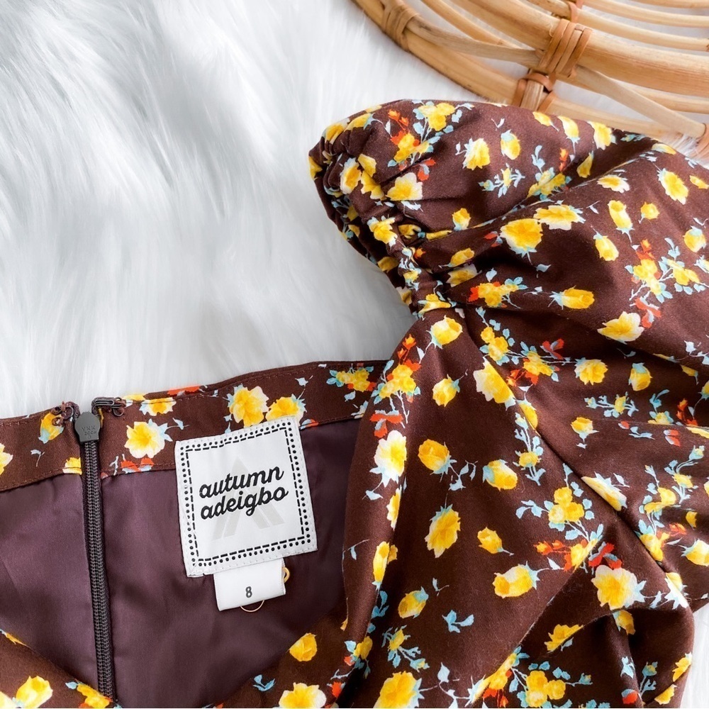 NWOT Autumn Adeigbo Bridgette Puff Sleeve Cut-Out Top Brown Yellow Floral - Picture 10 of 16